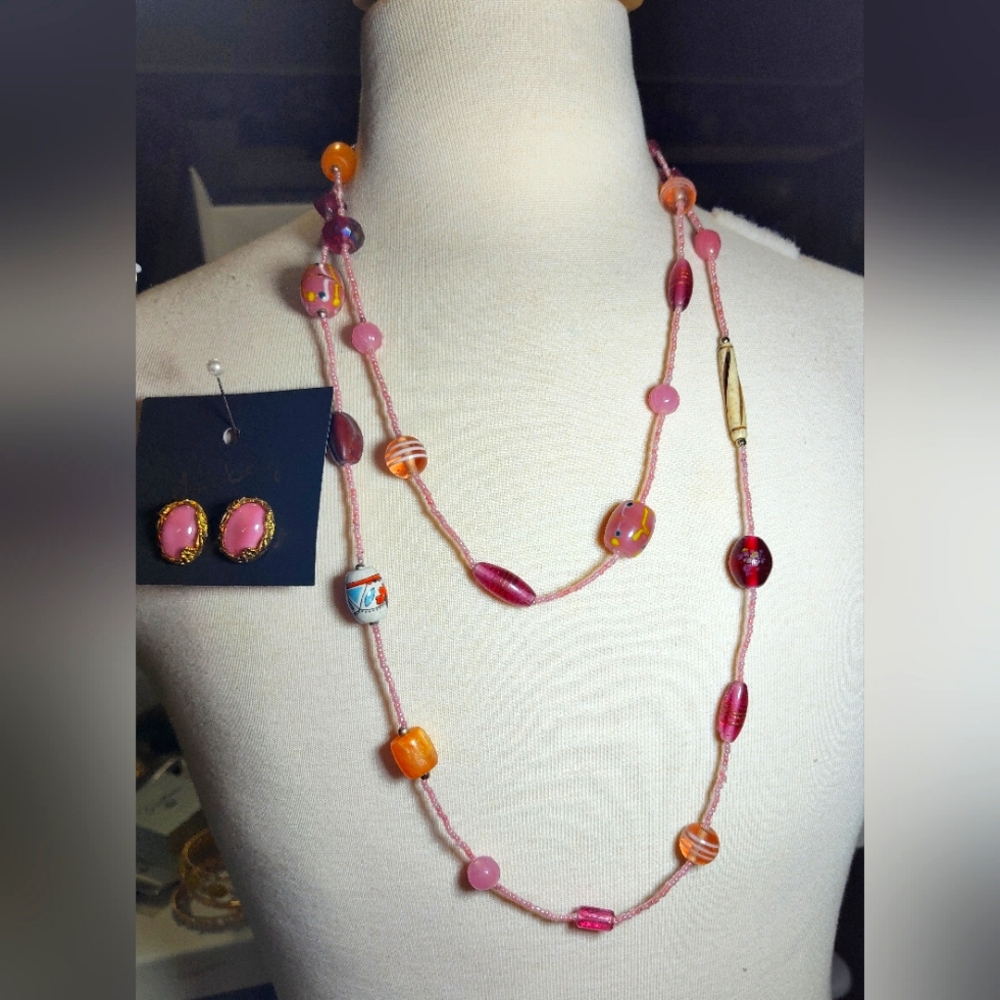 Libbey Pink and Orange Beaded Necklace Earrings Set Real Stones